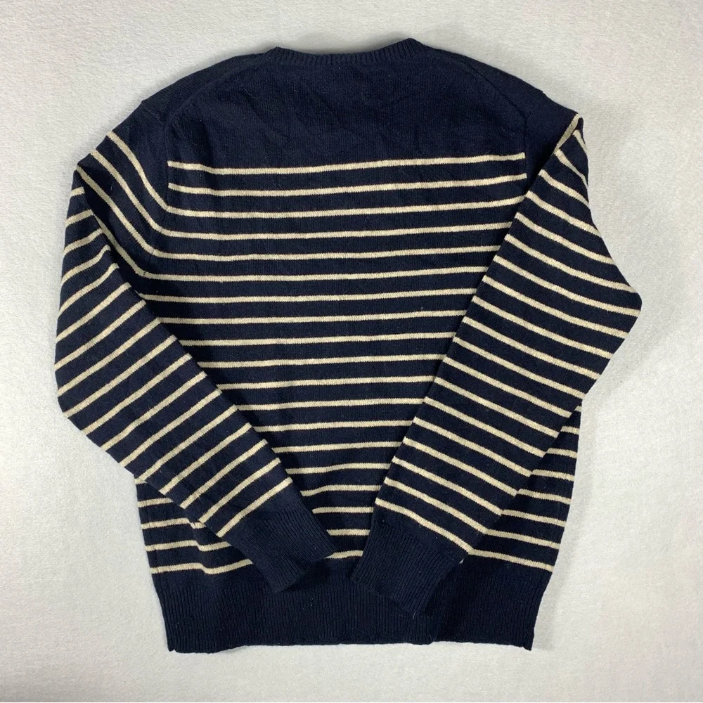 J.Crew Sweater Mens Large Navy Blue Striped Lambs Wool Crew Neck Long Sleeve
